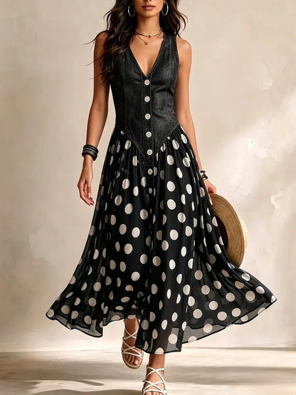 Adela | Vestido largo vaquero de lunares