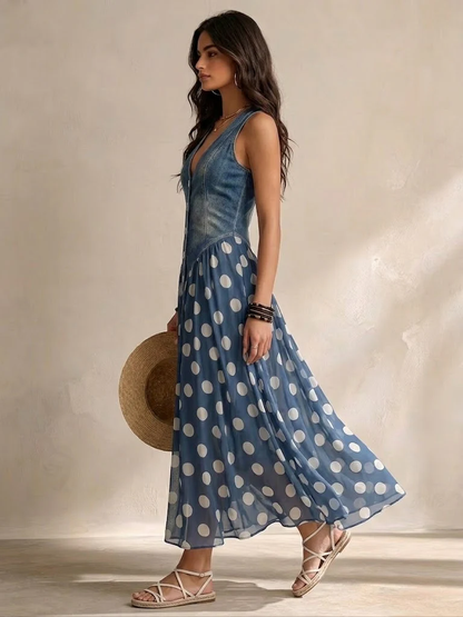 Adela | Vestido largo vaquero de lunares