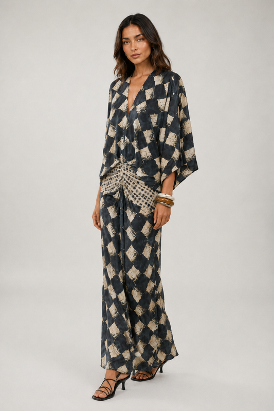 Noelia | Vestido largo de mangas kimono y cintura fruncida