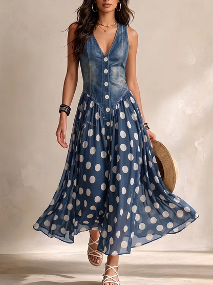 Adela | Vestido largo vaquero de lunares