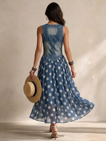 Adela | Vestido largo vaquero de lunares