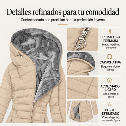 Noa | Abrigo acolchado largo forrado de pelo, entallado y con capucha