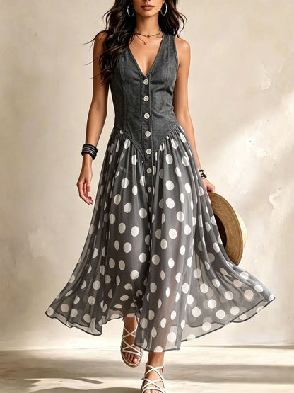 Adela | Vestido largo vaquero de lunares