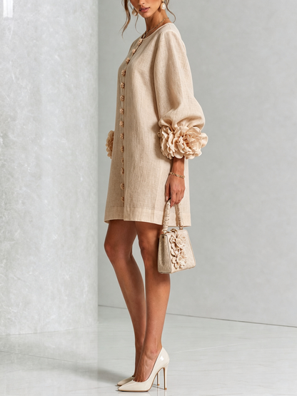 Ambra | Vestido de lino con puños de rosas, beige