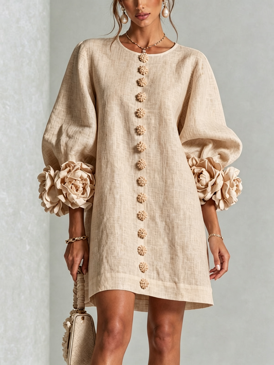 Ambra | Vestido de lino con puños de rosas, beige