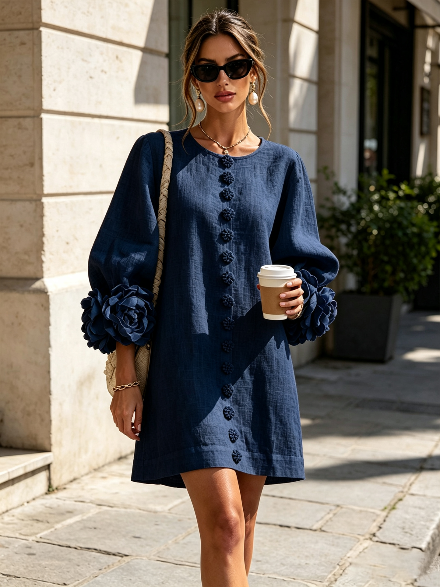 Marina | Vestido de lino con puños de rosas, azul marino