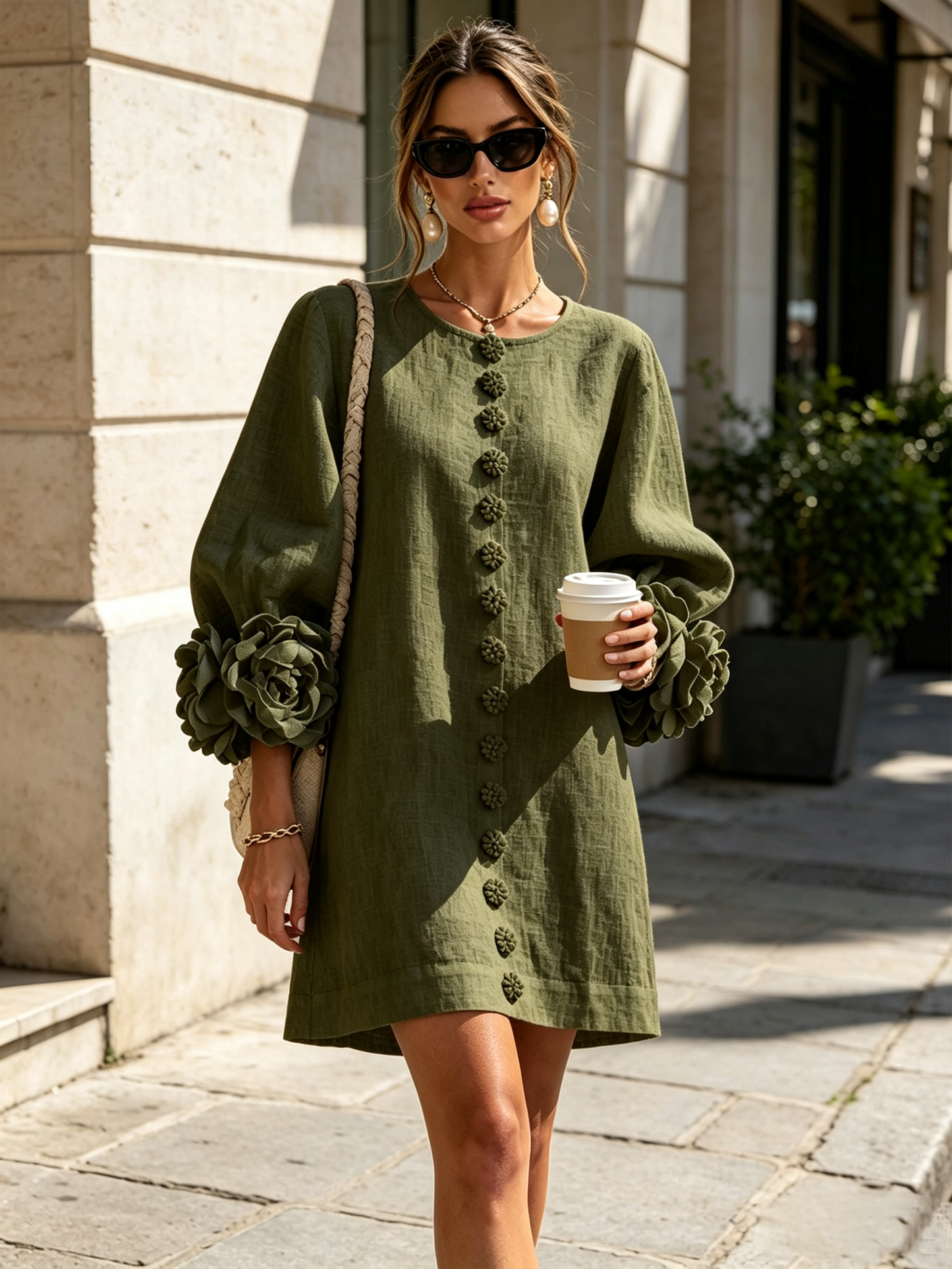 Gaia |  Vestido de lino con puños de rosas, Verde Oliva