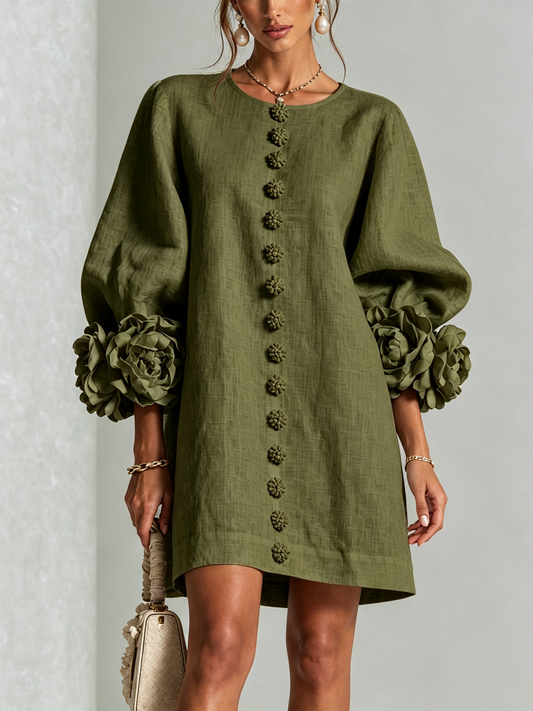 Gaia |  Vestido de lino con puños de rosas, Verde Oliva