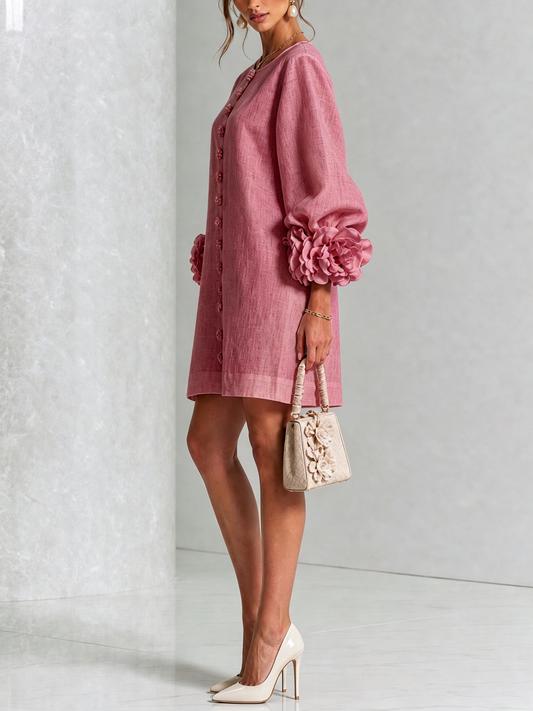 Alba |  Vestido de lino con puños de rosas, Rosa Antico
