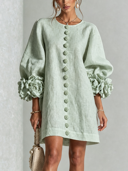 Delia | Vestido de lino con puños de rosas, Verde Salvia