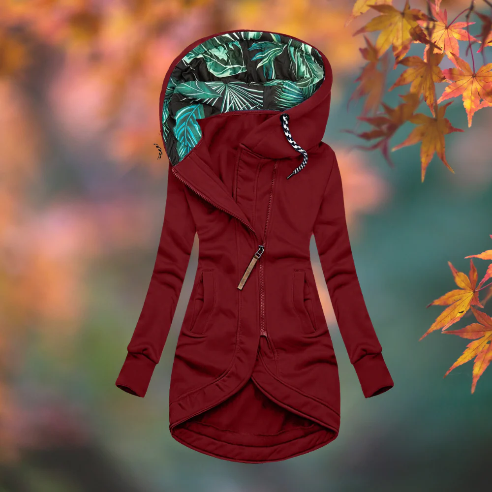 Olivia | Chaqueta larga con capucha estampada y bajo curvo