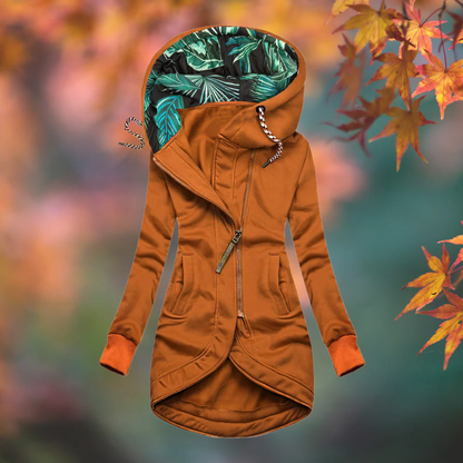Olivia | Chaqueta larga con capucha estampada y bajo curvo