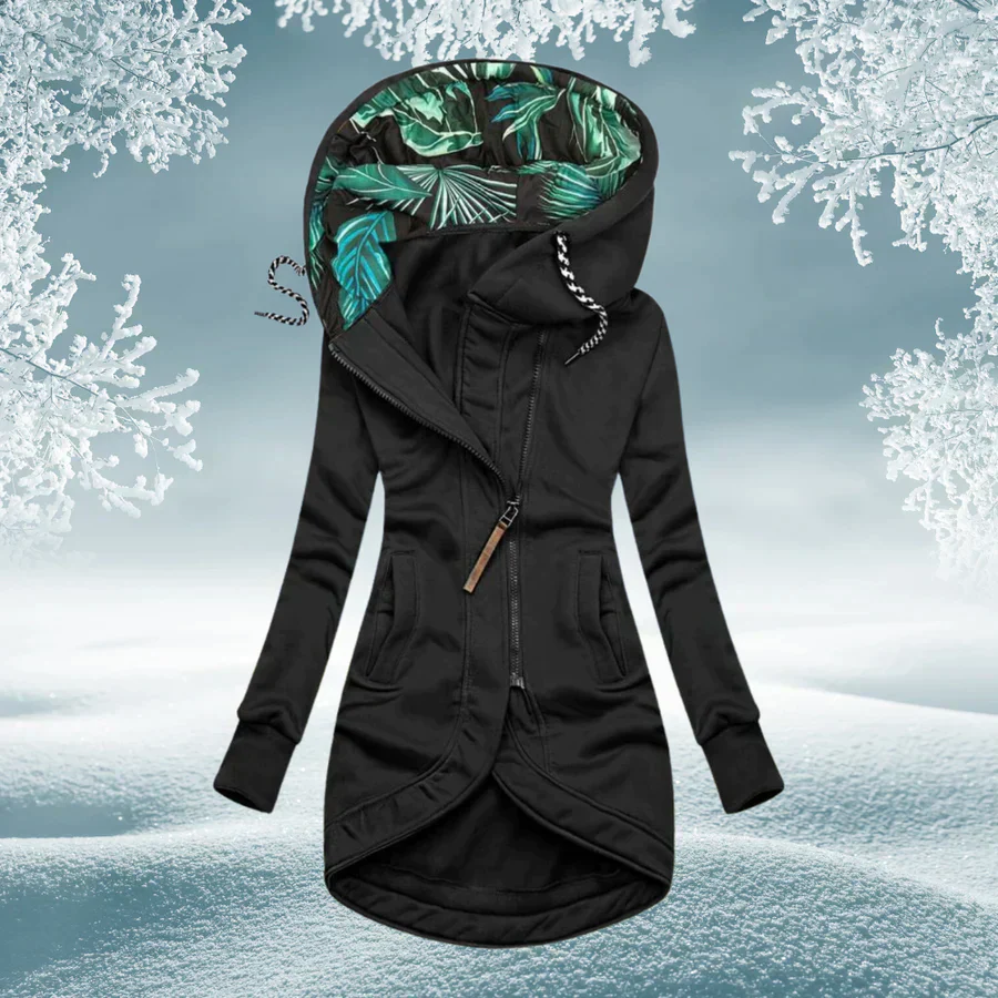 Olivia | Chaqueta larga con capucha estampada y bajo curvo