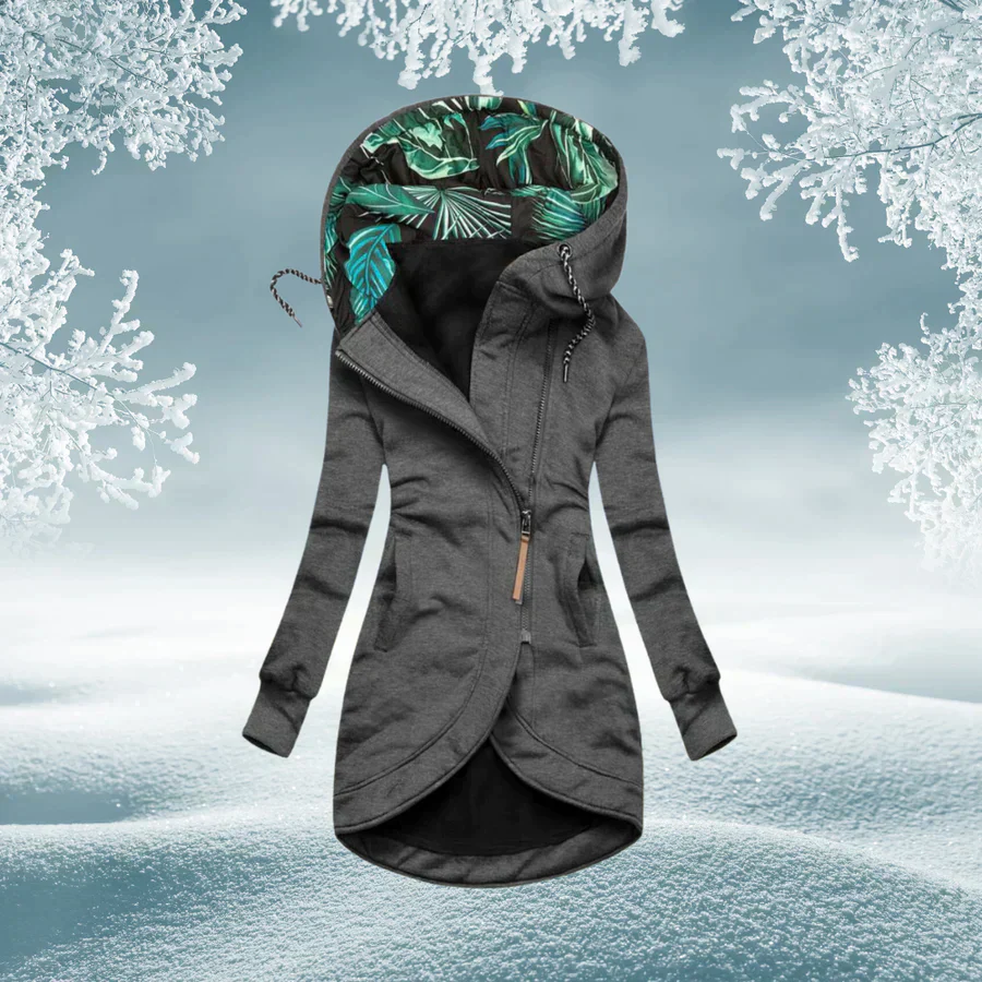 Olivia | Chaqueta larga con capucha estampada y bajo curvo