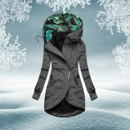 Olivia | Chaqueta larga con capucha estampada y bajo curvo
