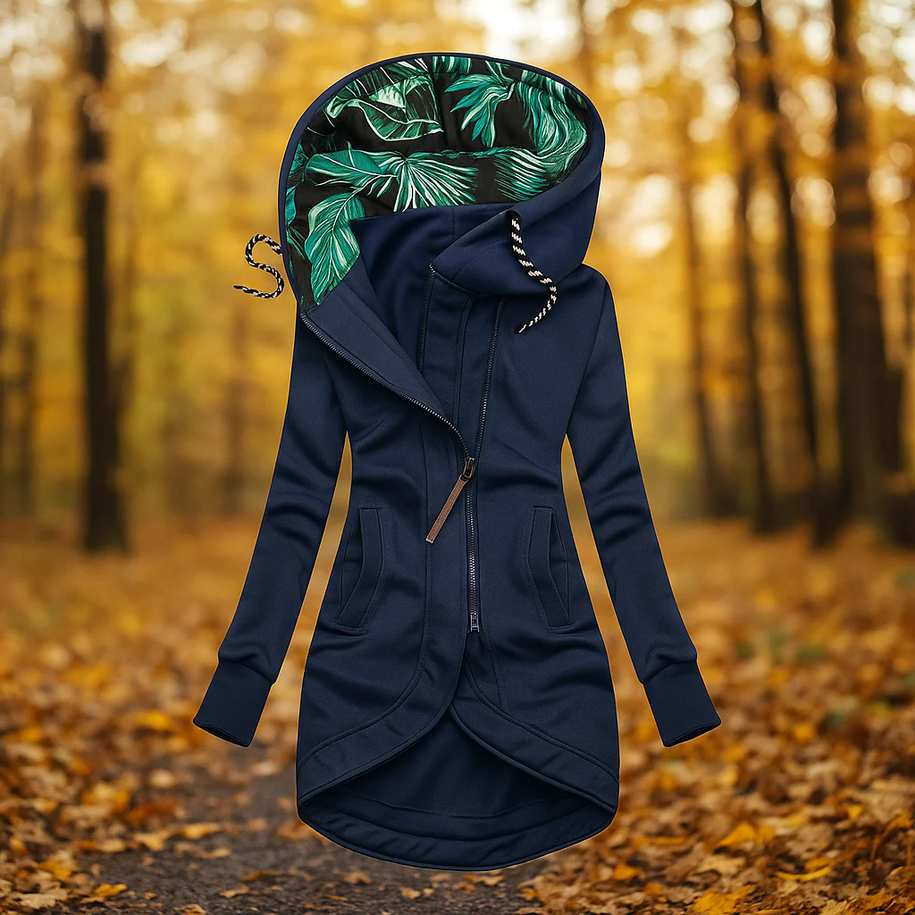 Olivia | Chaqueta larga con capucha estampada y bajo curvo