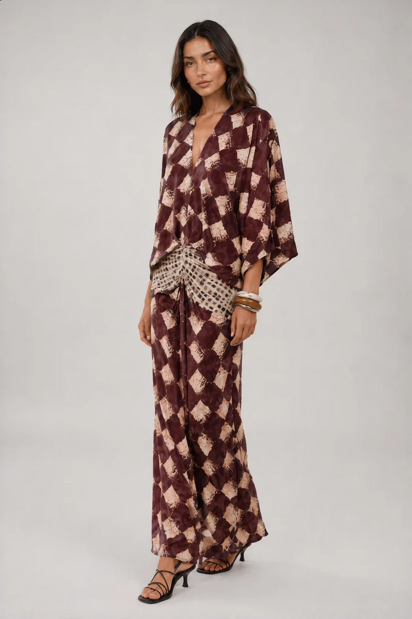 Noelia | Vestido largo de mangas kimono y cintura fruncida